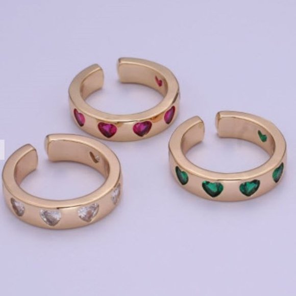 Chunky Gold Cuff Ring with Green Emerald Colored Hearts - Picture 3 of 4